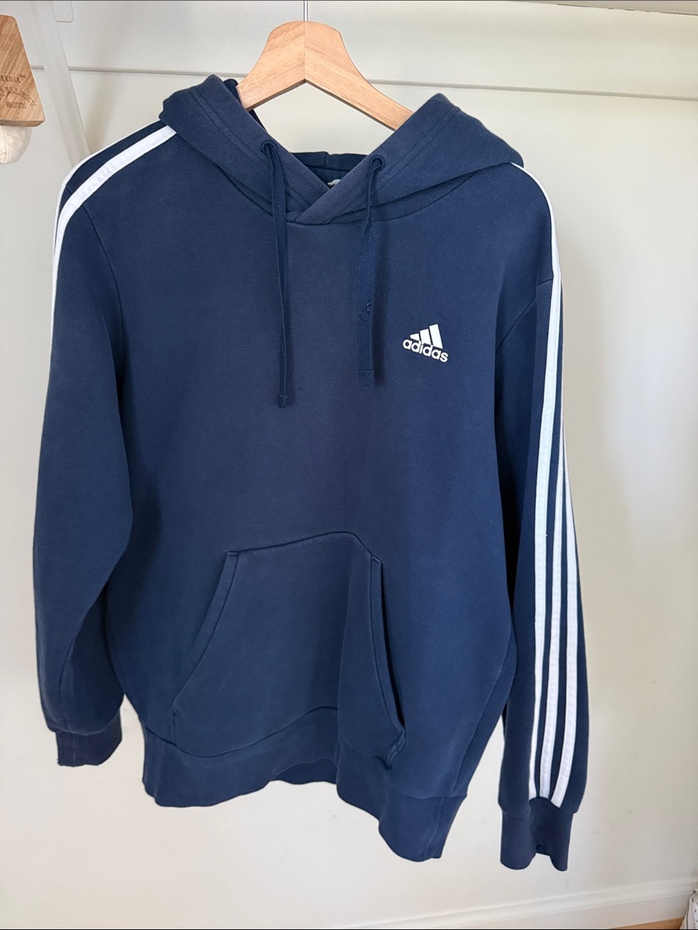 adidas Navy Hoodie with White Three-Stripe Sleeves